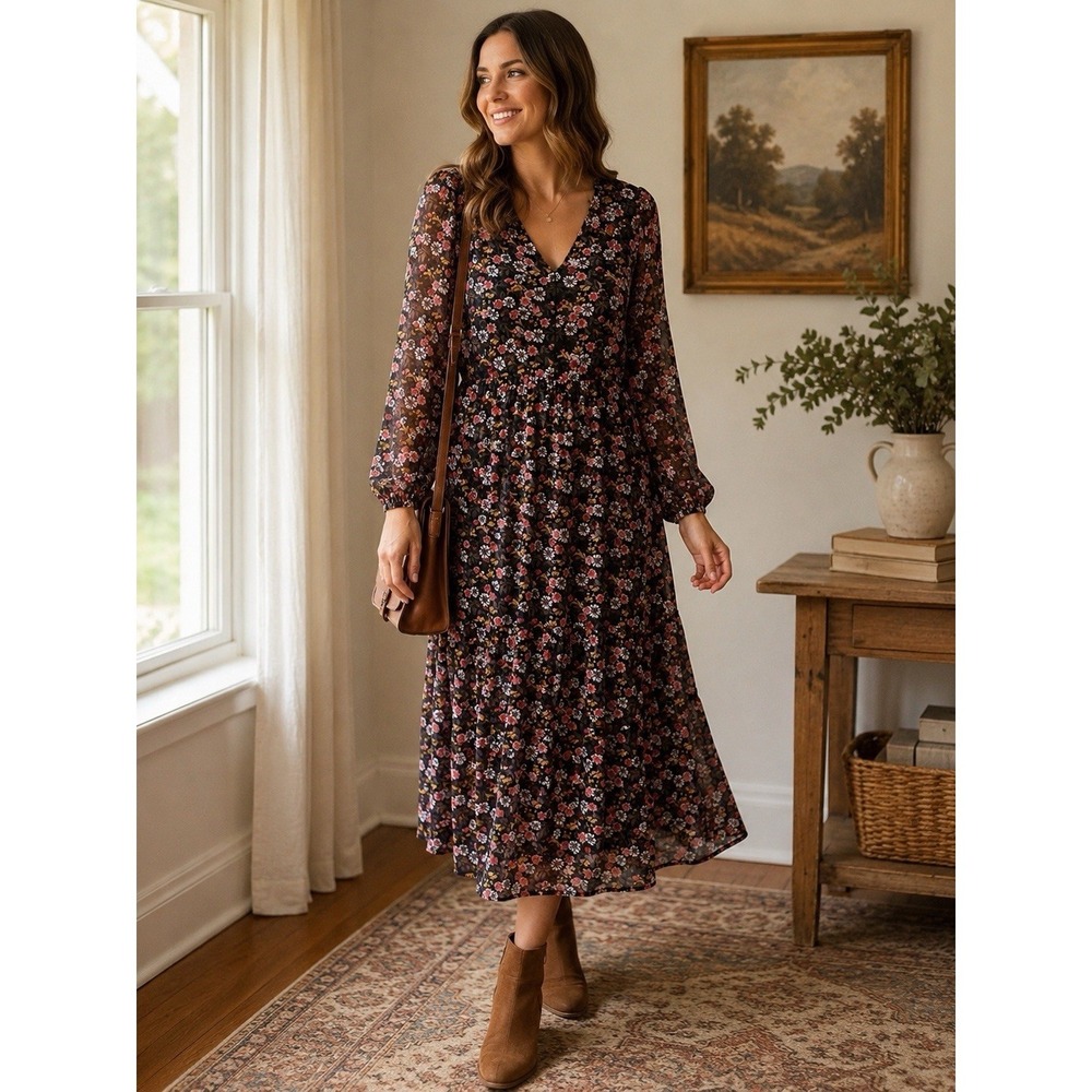 LOFT Romantic Dark Floral MIDI Dress Sheer Sleeves Cottagecore Boho